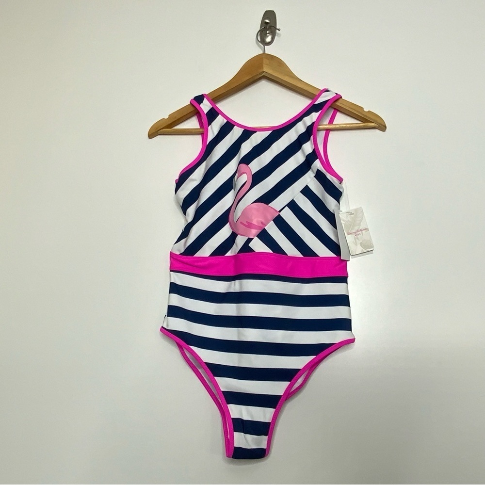 Tommy Bahama Girl’s 1 Pc. Swimsuit Blue & White Stripe Flamingo one Piece. Sz 16